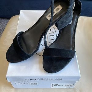 Bristol black sued block heel sandal. As New. Worn once at graduation party.